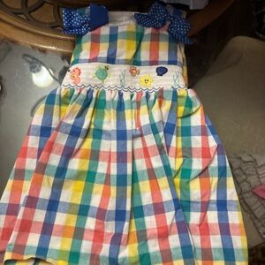 Bonnie Jean Multicolor Checkered Dress with Blue Polka Dot Bow